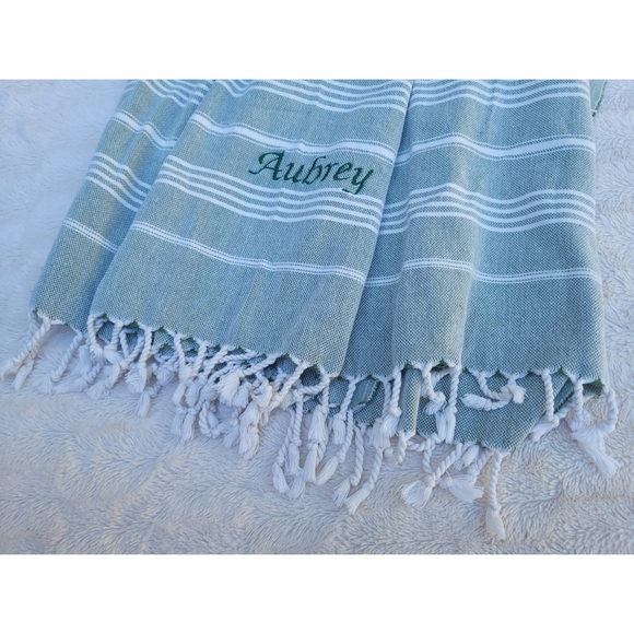 Aubrey personalized Turkish green striped Beach Towel blanket - Picture 7 of 16